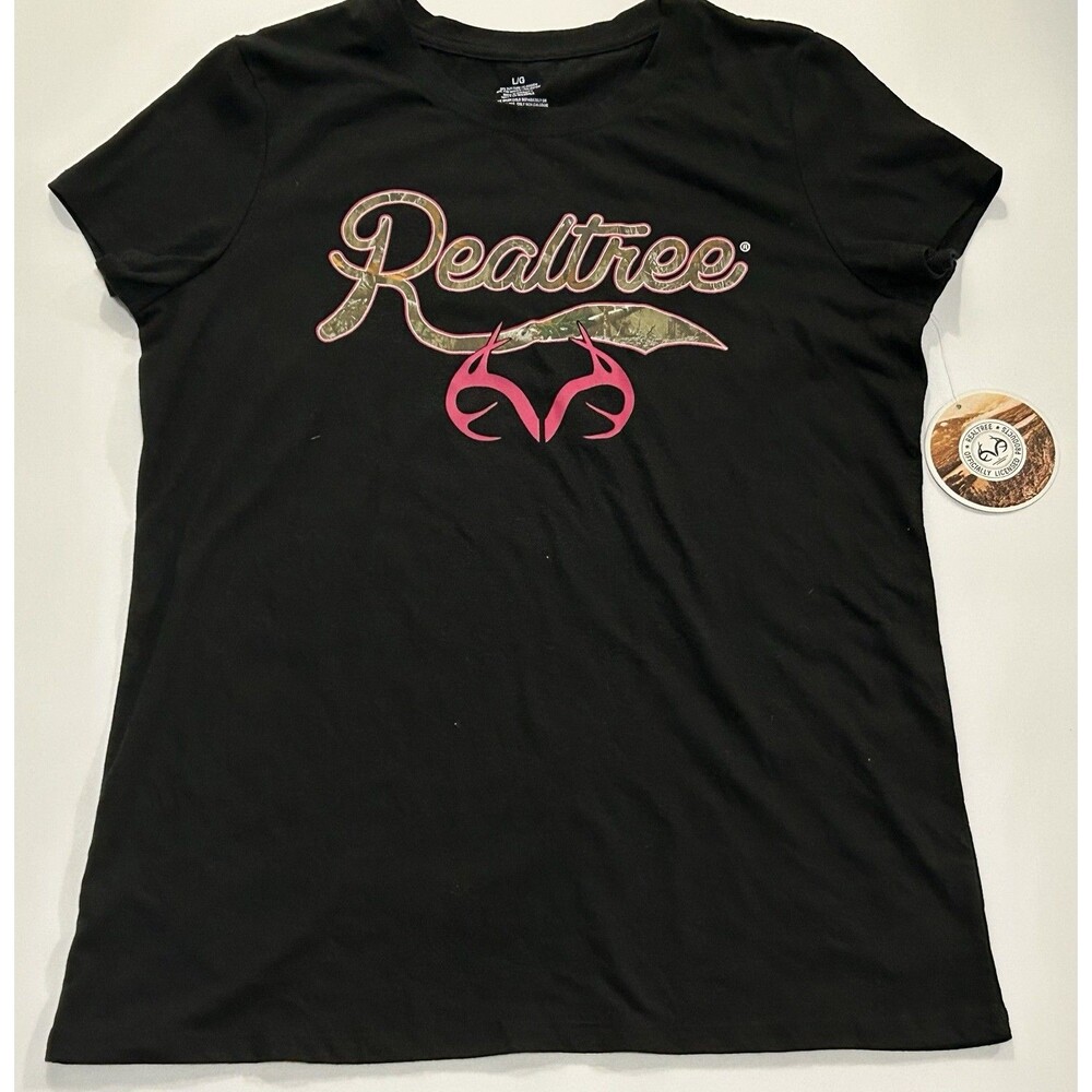 Realtree Women's L Black Short Sleeve T-Shirt Pink Camo Logo Hunting Tee NWT